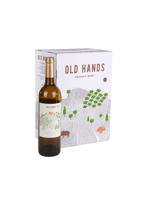 old hands witte wijn fles en doos